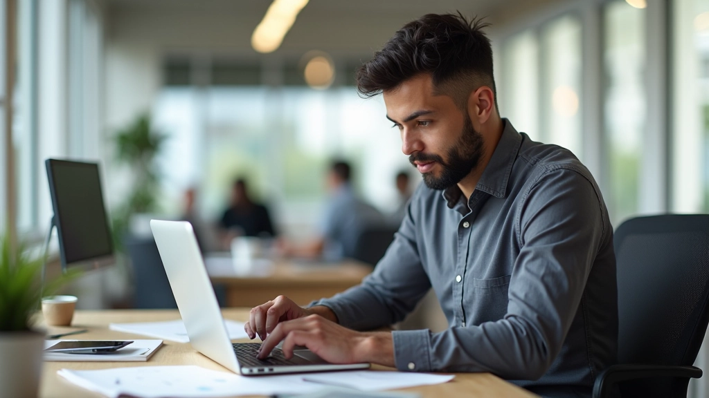 Profissional de design revendo prototipo no computador com ferramentas de acessibilidade abertas, ambiente de trabalho criativo com luz natural