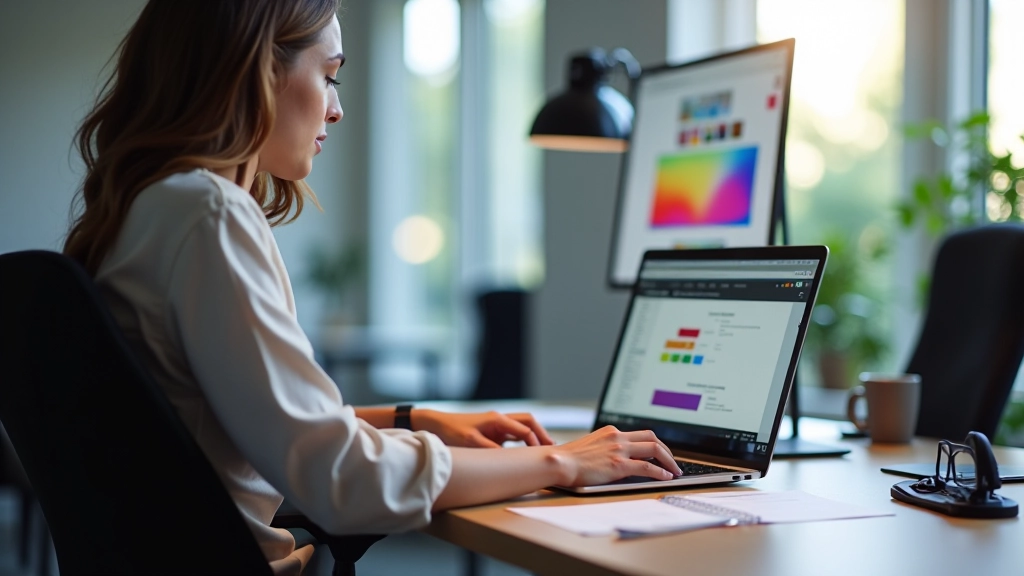 Designer a trabalhar em computador com múltiplos monitores mostrando ferramentas de design acessível, paletas de cores e testes de contraste, ambiente de estúdio limpo e bem iluminado