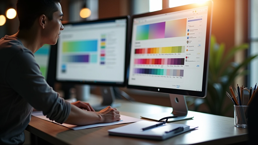 Designer em estação de trabalho com monitor mostrando ferramentas de teste de acessibilidade e paleta de cores validada, ambiente profissional bem iluminado